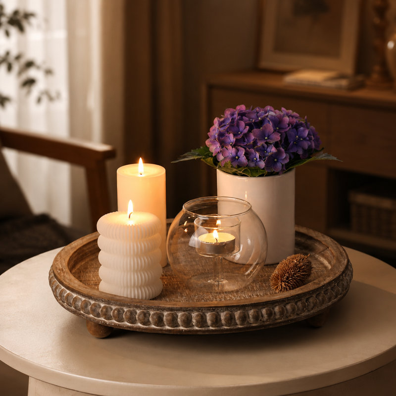 Round Distressed Beaded Wooden Decorative Tray, Brown