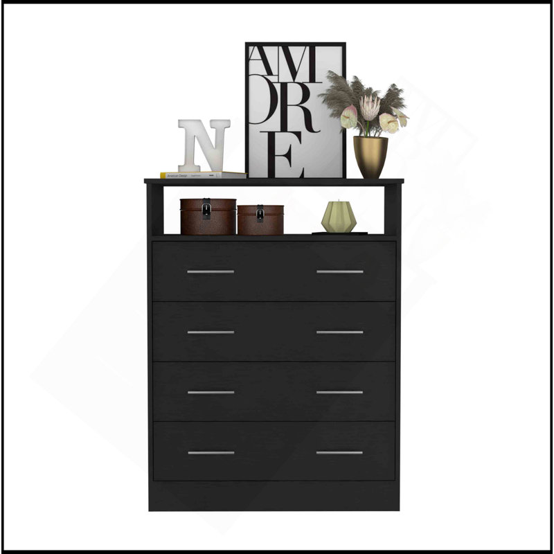 Commode à quatre tiroirs, plateau supérieur, une tablette ouverte, Noir
