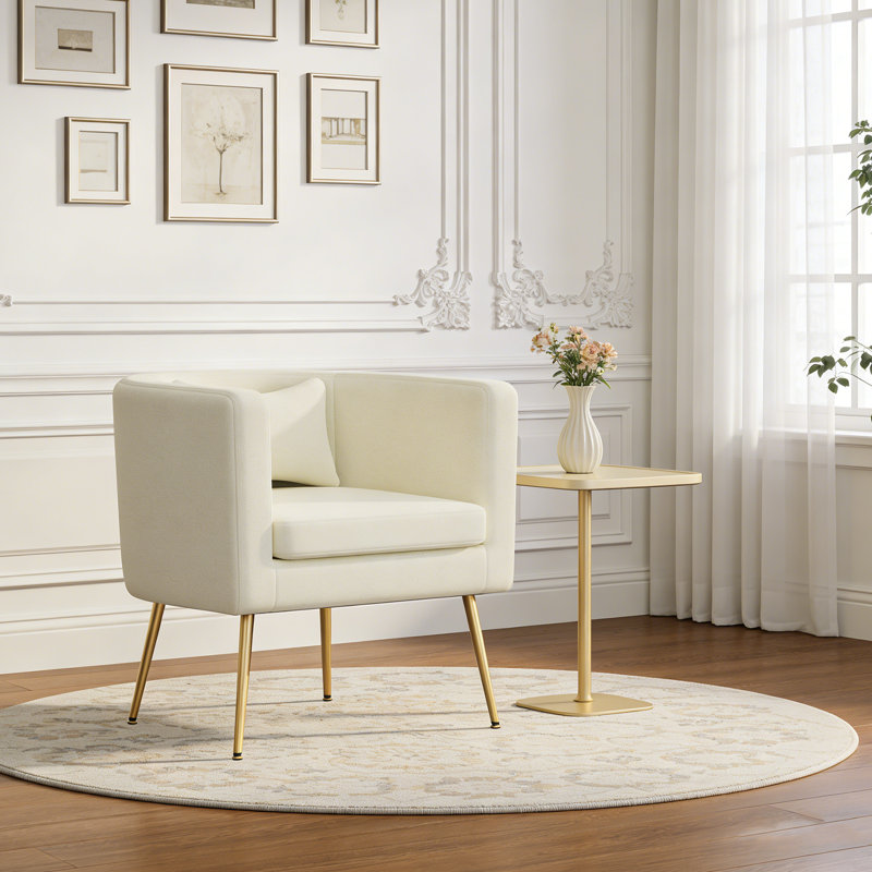 Upholstered Velvet Barrel Chair with Metal Legs, Ivory