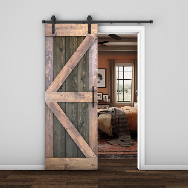 Porte de grange lambrissée peinte en bois et en métal, 30 po x 84 po, Acajou/ chêne