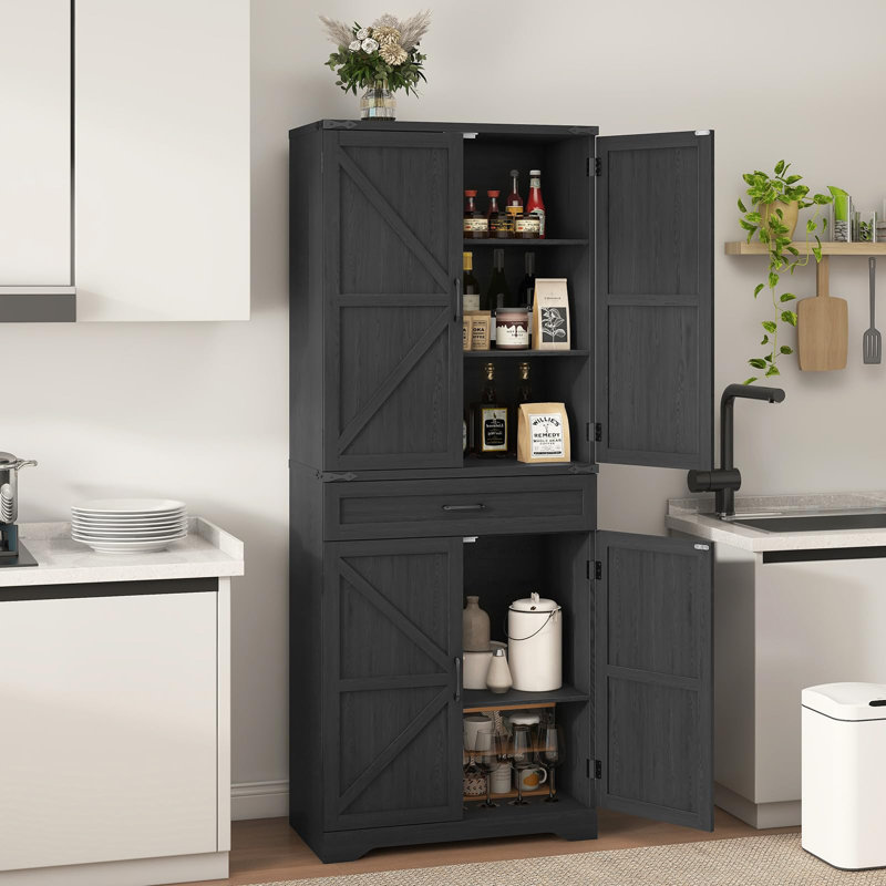 Armoire de rangement de style campagnard de 72 po de hauteur avec tablettes réglables, Noir