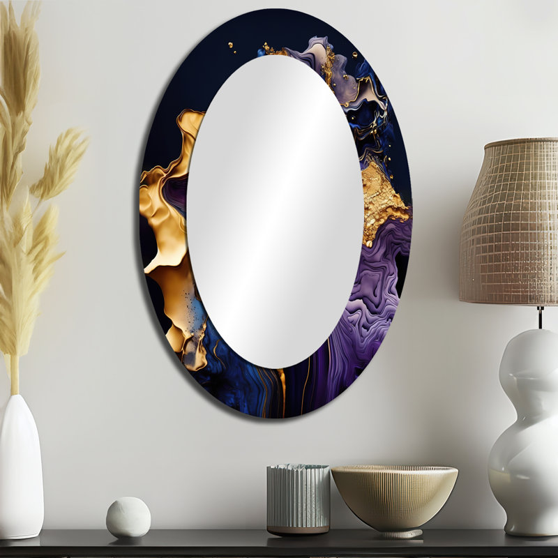 Abstrait marbre géode mauve I - Miroir décoratif abstrait ovale sur métal, 36 po x 24 po