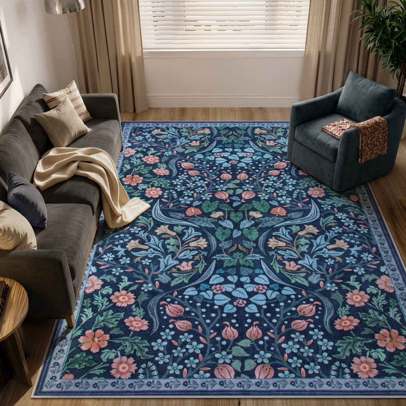Kaldi Floral Washable Area Rug – Intricate Nature-Inspired Design, Non-Slip Soft Floor Mat for Living Room, Bedroom, and Entryway