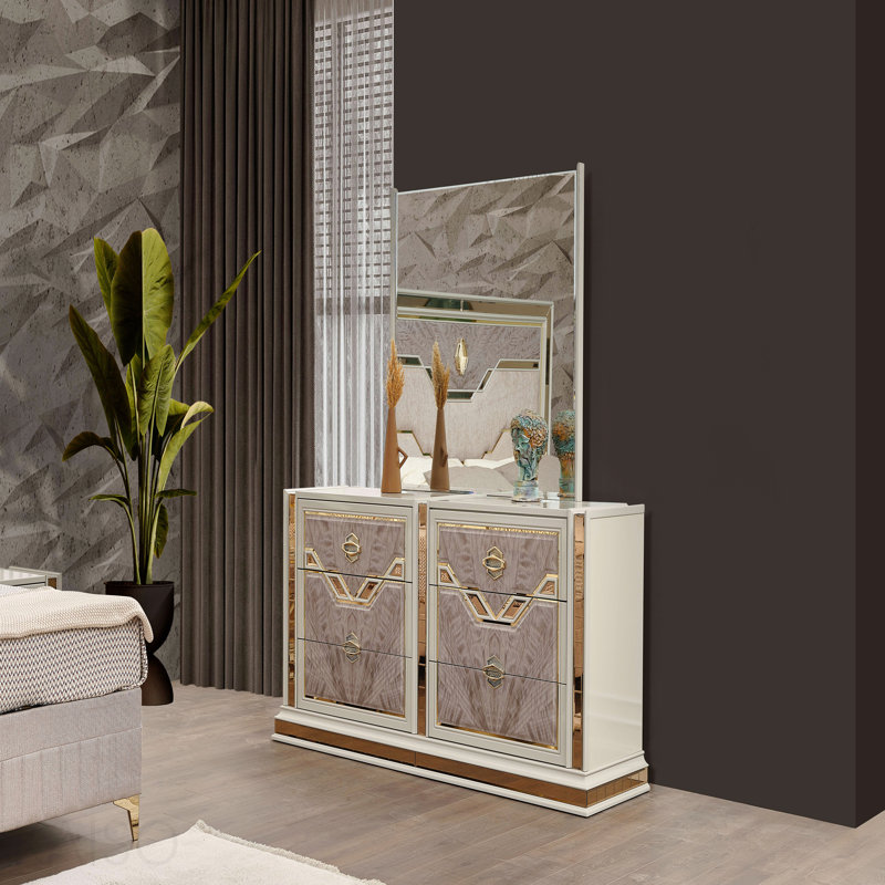 Commode à 6 tiroirs de style moderne (comprend seulement la commode) en bois et accents dorés en beige