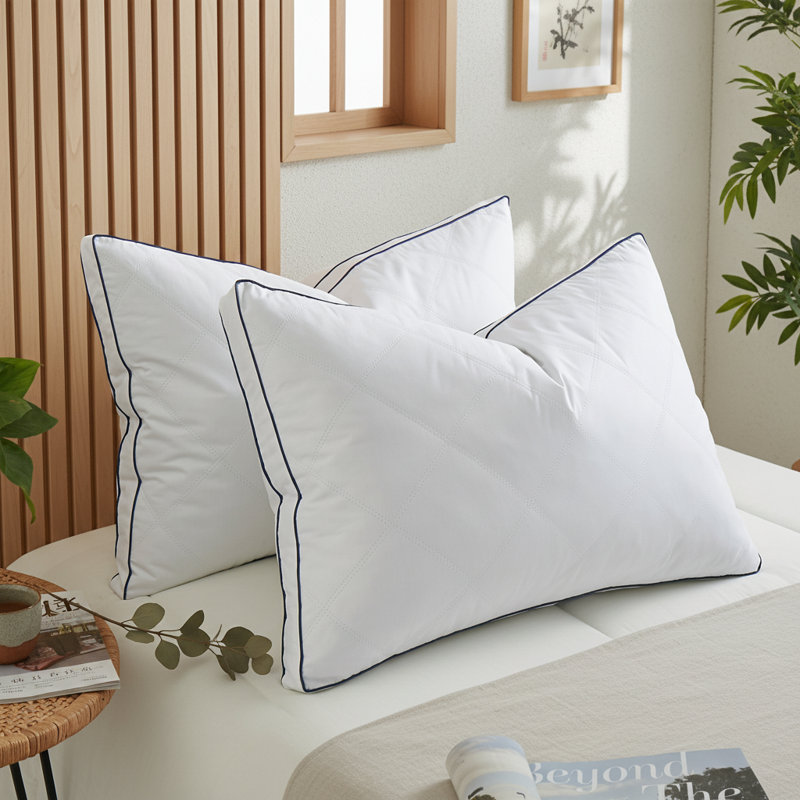 Quilted Goose Feather & Down Pillows (Set of 2) – Medium Support with Breathable 100% Cotton Shell, Gusset Design for Side & Back Sleepers
