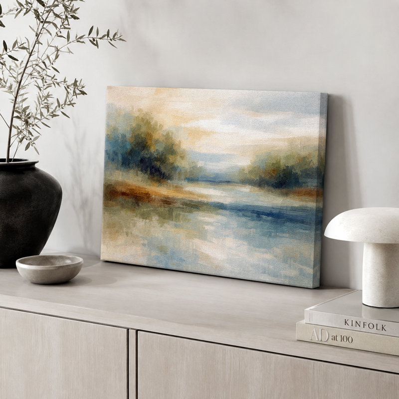 «Soft Blue Green Lake Landscape», art de chambre moderne, impression sur toile encadrée, H 24 po x l 36 po x P 1,5 po