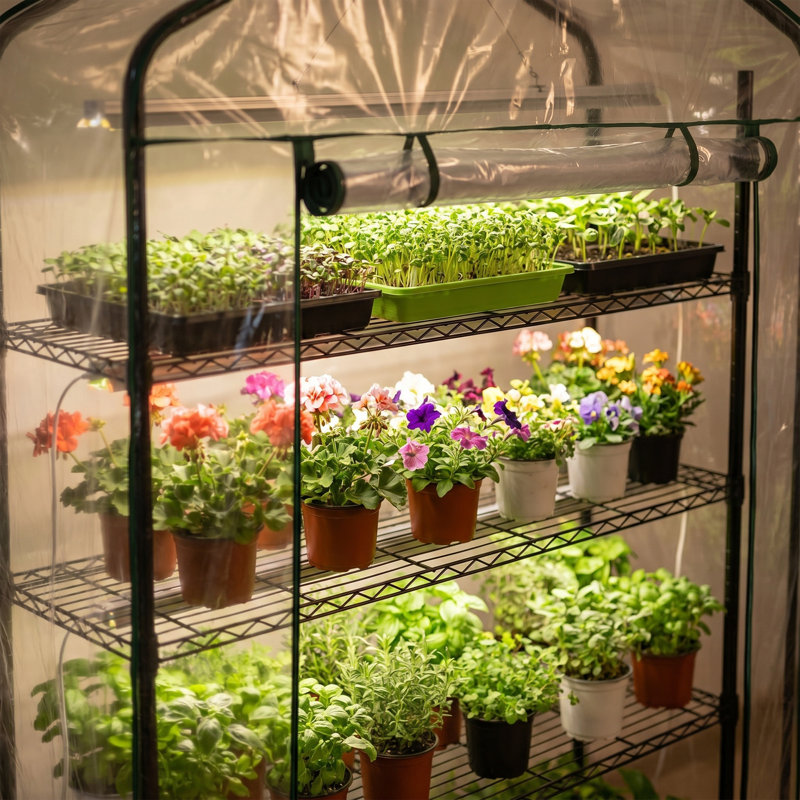 Portable 5-tier Greenhouse Metal Plant Stand With Grow Lights And Pvc Cover, Indoor/outdoor Use, 61" W x 21.6" D