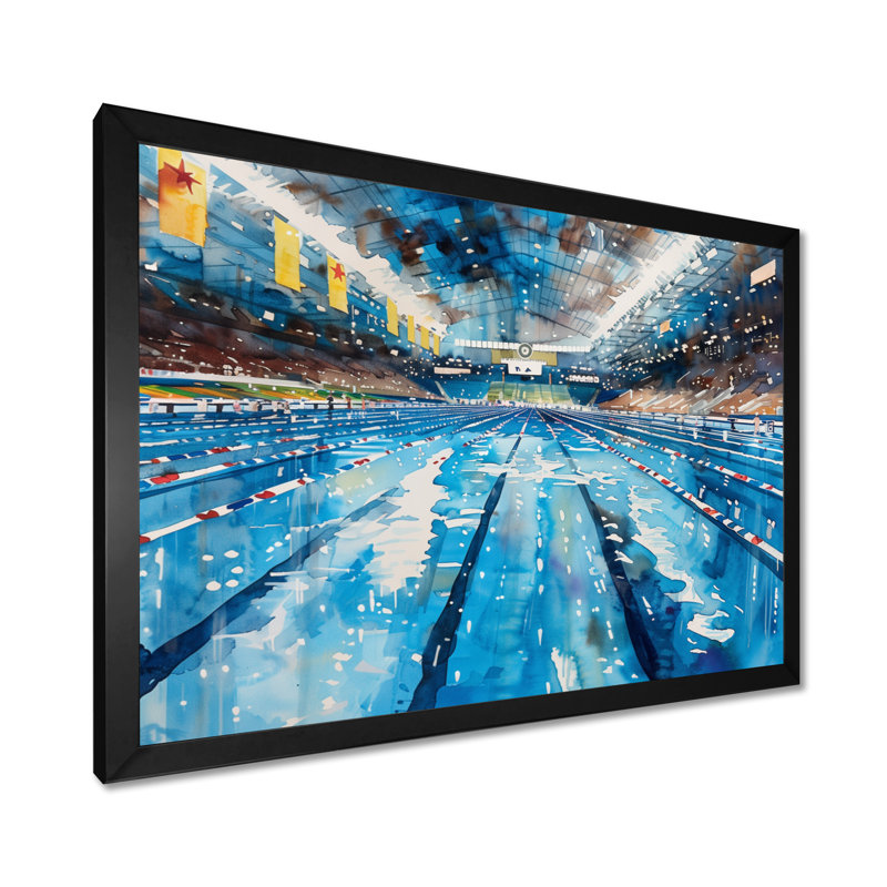 Piscine olympique avant la course I - Décoration murale de natation, Toile encadrée noire simple, H 12 po x l 20 po x P 1 po