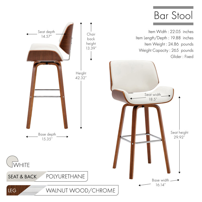 Derrion 76cm Swivel Faux Leather Bar Stool, White