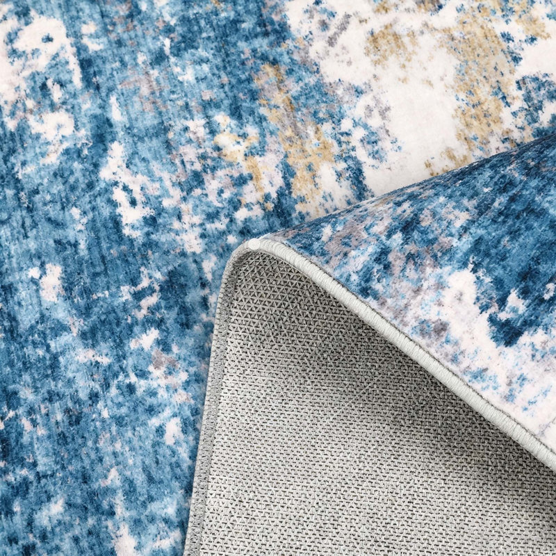 Tapis moderne lavable abstrait avec envers antidérapant, Bleu clair, 9 x 12 pi