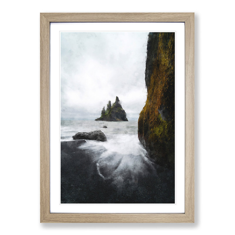 Ocean View from Black Sand Beach Iceland - Picture Frame Painting Print, 63cm H x 45cm W x 2cm D, Oak Framed