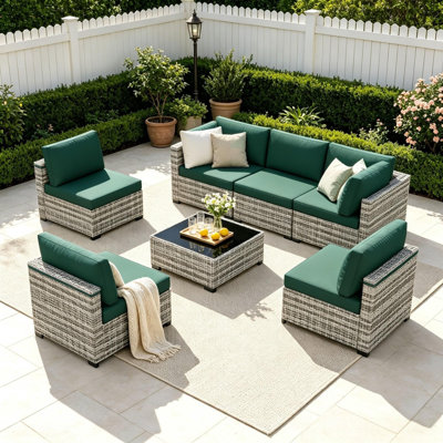 Outdoor 7-Piece Modular Rattan Patio Conversation Set with Cushions - Gray/Green
