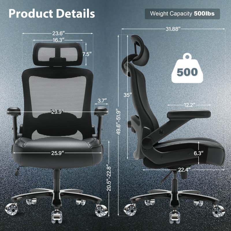 Grande et grande chaise de bureau avec accoudoirs relevables 3D Lorah 500 lb, Noir