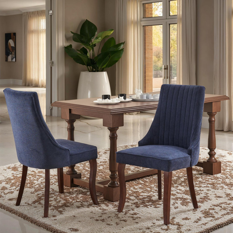 Elastic Cushion and Curved Solid Wood Legs Kitchen Side Chairs Set of 2 with Fabric Upholstery and High Backrest for Dining Room