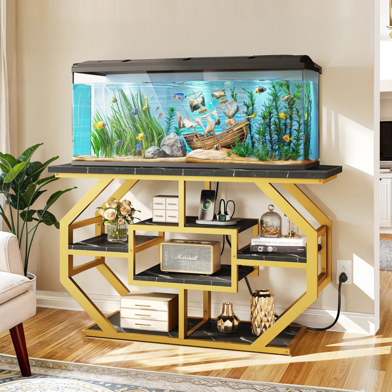 Support d'aquarium rectangulaire Erynn, Marbre noir / Or