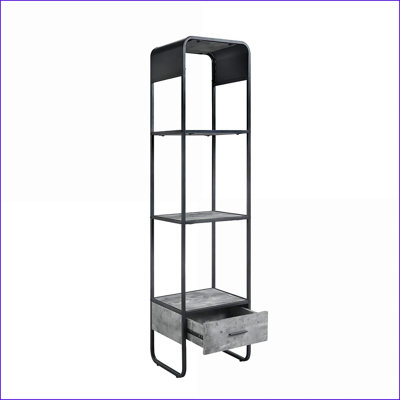 Meuble télé avec pilier latéral - incurvé moderne, gris ardoise, cadre en métal noir, tiroir et tablettes, l 16 po x P 14 po | Gris ardoise | Métal