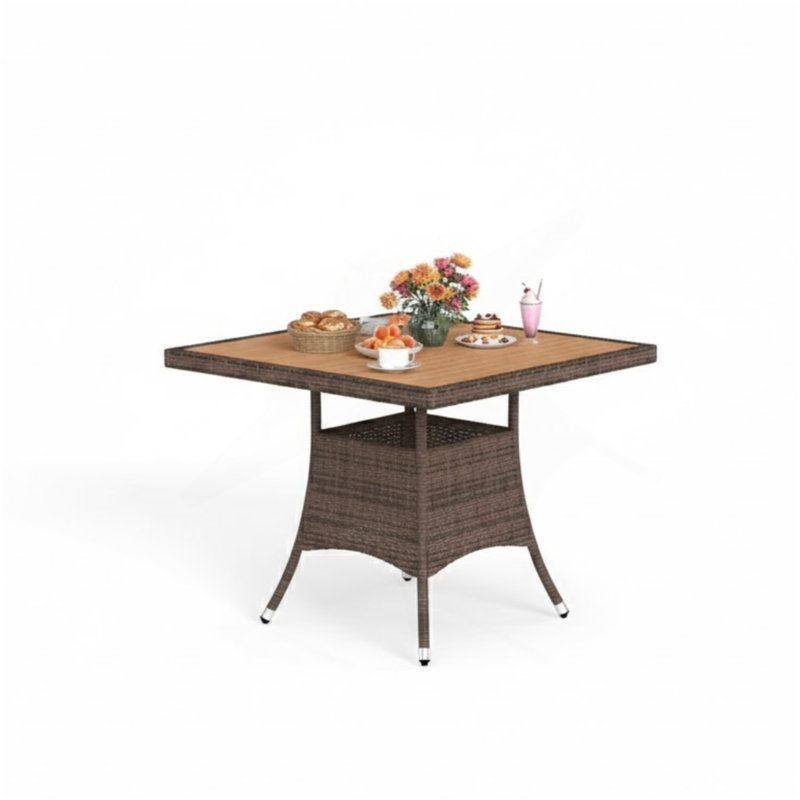 Table de salle à manger 1 pièce carrée en rotin brun avec bois d'acacia