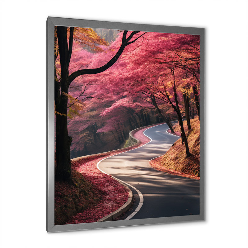 «Pink Blooming Road Into The Forest I» - art mural route, Cadre simple argenté, H 20 po x l 12 po x P 1 po