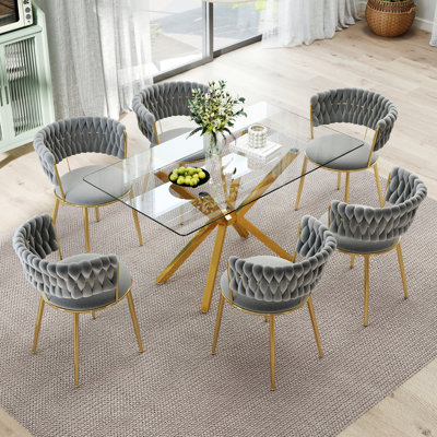 Rectangle Pedestal Dining Set with Modern Weaven Velvet Dininig Chair
