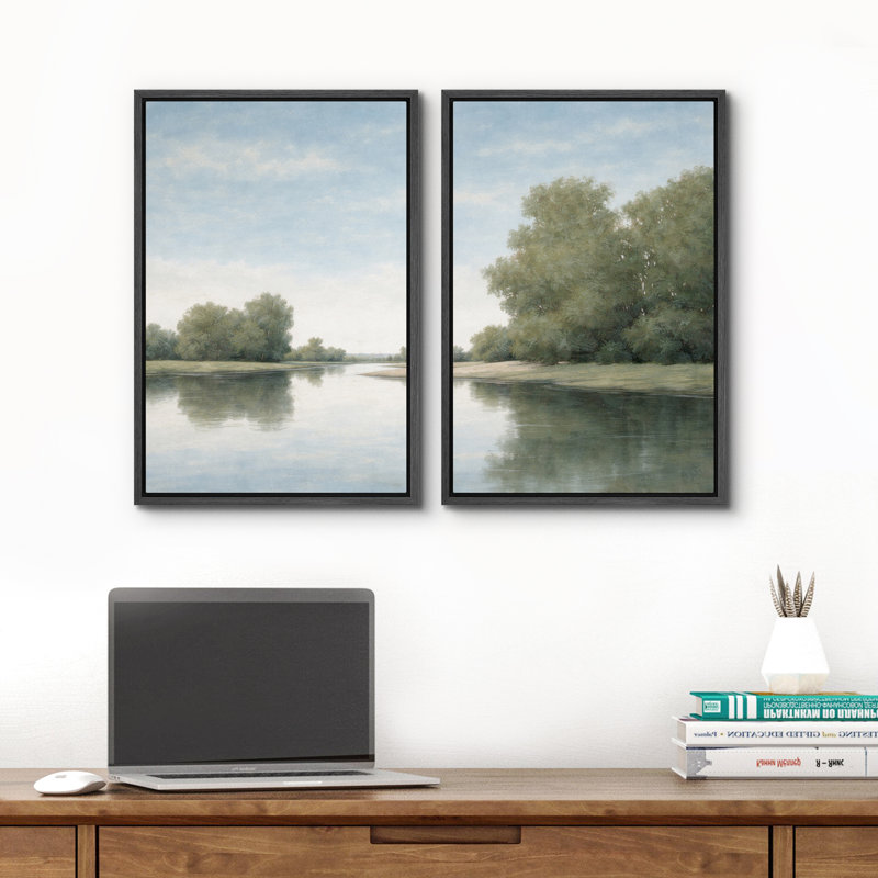 «Serene River Landscape with Green Trees Reflection», reproduction d'art sur toile encadrée, 2 pièces, Noir