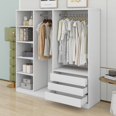 Armoire de chambre sans porte en bois avec tablettes et 3 tiroirs