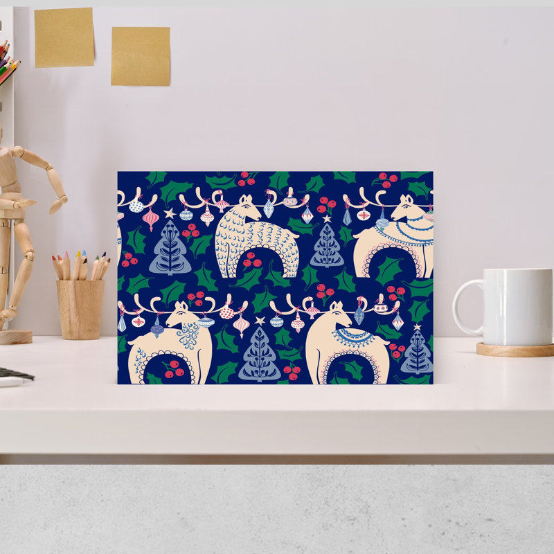 Festive Nordic Reindeer Pattern Whimsical Abstract Pine Tree Deer Nature Winter Wall Art Print by Annick - Wrapped Canvas Print