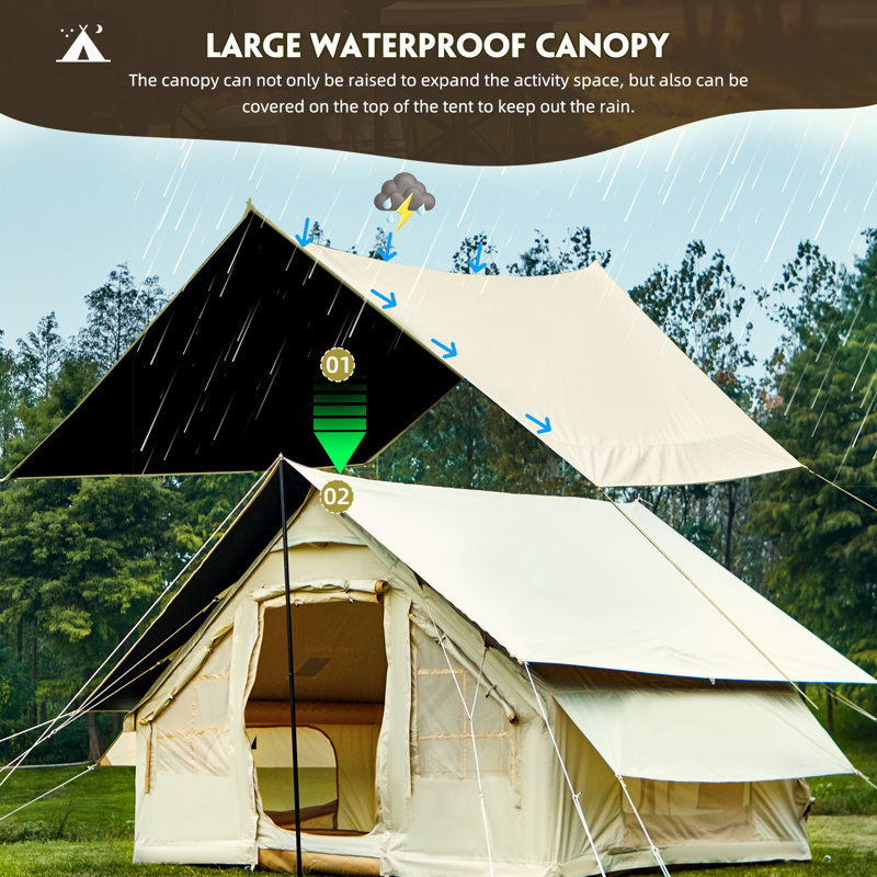 Tente de camping gonflable pour 4 personnes avec lanterneau en Tpu et prise de poêle, tente de glamping imperméable 4 saisons avec pompe incluse