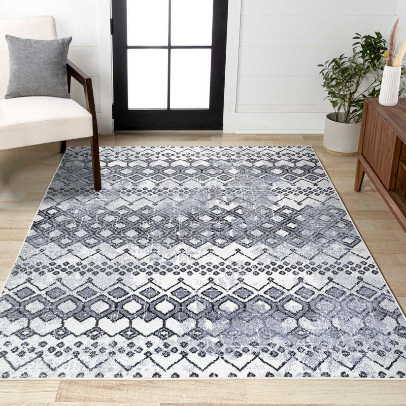 Maidste Moroccan Geometric Distressed Ivory/Black Rug, Rectangle 4' x 6'