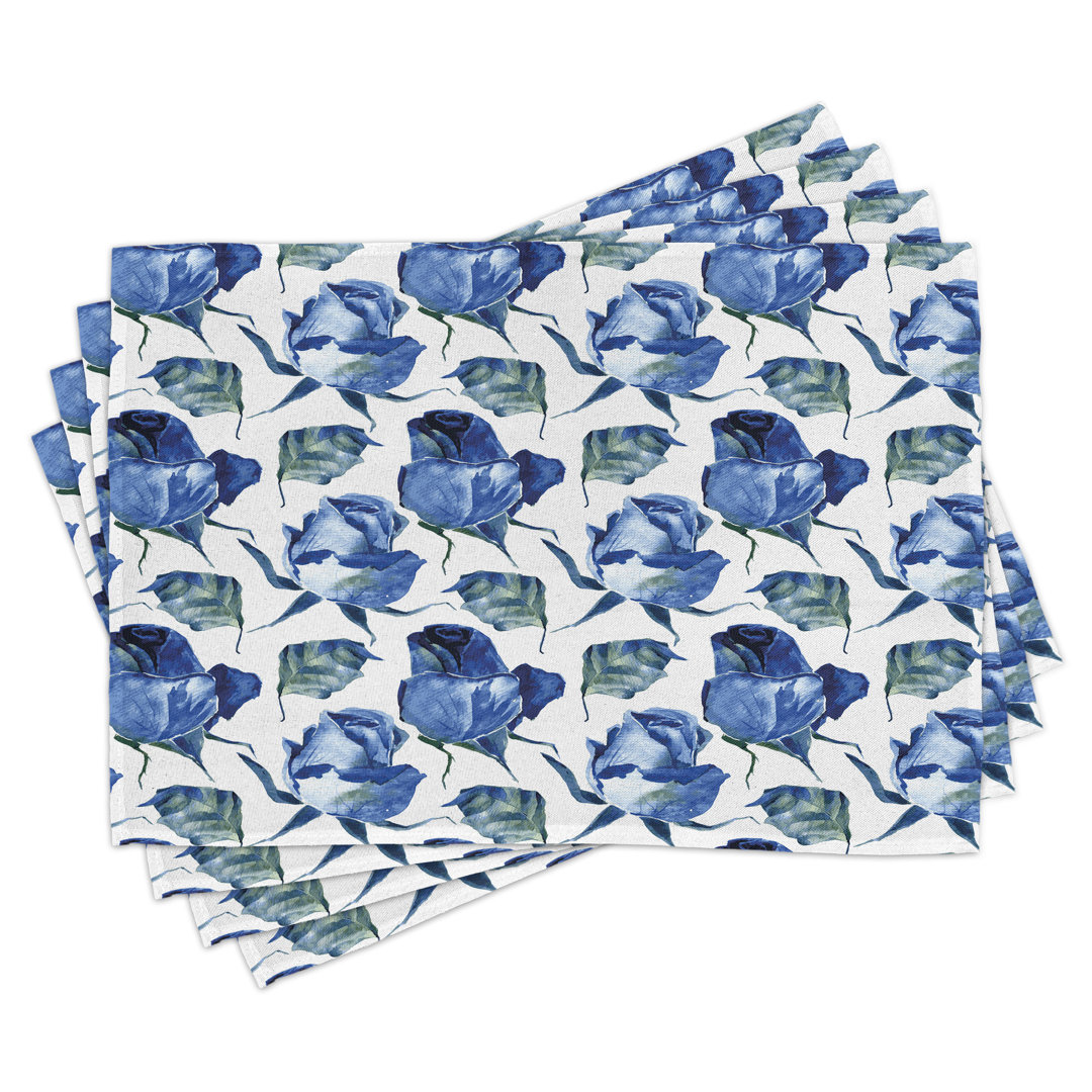 Platzdeckchen 4er-Set, Rosen mit Blättern, Veilchenblau Schieferblau