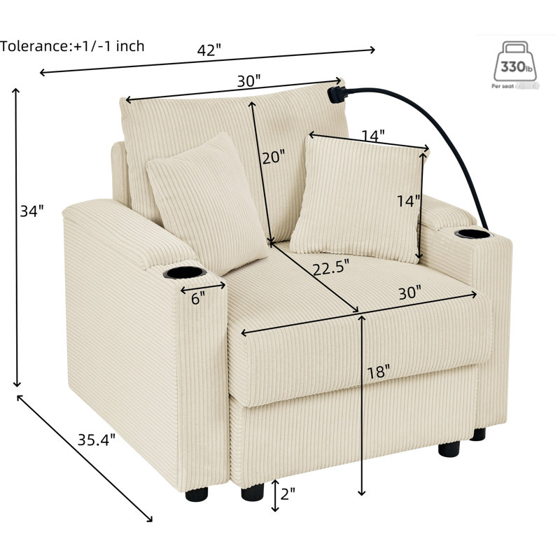 Fauteuil surdimensionné beige avec accoudoirs de rangement et rembourrage en mousse pour le salon