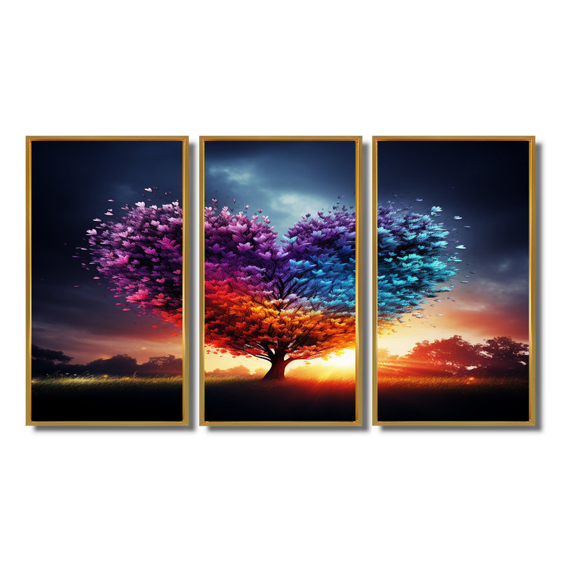 «Blossoming Tree Heart Glorious Sunset», ensemble de reproduction d'art mural arbre, Cadre flottant doré