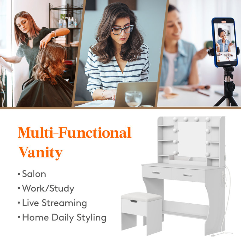 Vanity With Mirror And Lights, Adjustable Color/brightness, 2 Power Outlets/ 2 Usb Ports, White Makeup Desk With Storage Stool, 8 Open Shelves, 2 Drawers, 2 Lipstick Holders, Bottom Shelf