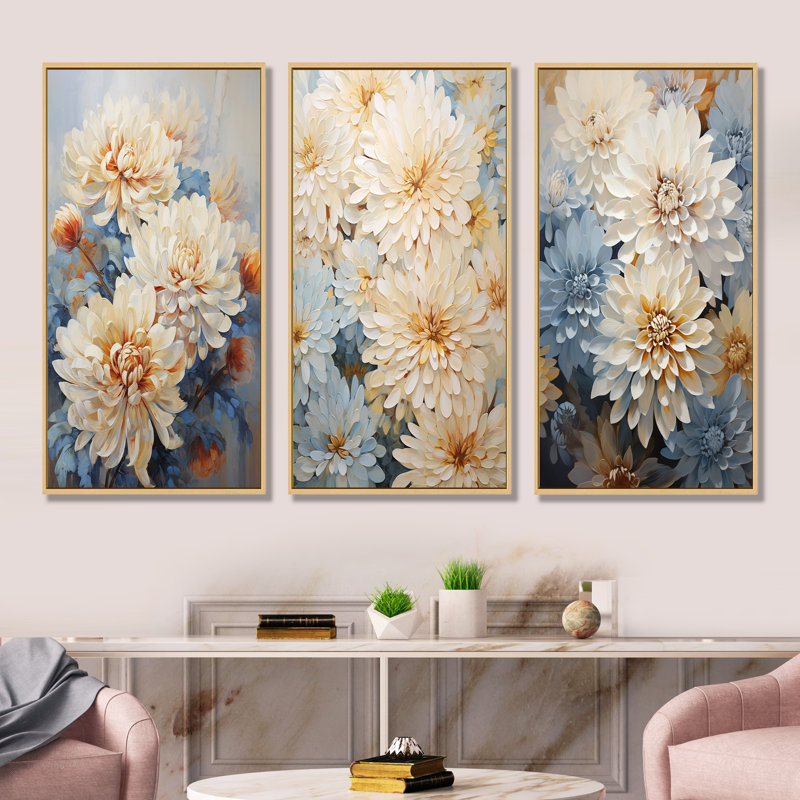 «Garden Bliss Mums In Soft Colors», ensemble de 3 reproductions d'art sur toile, Cadre flottant brun, H 28 po x l 36 po