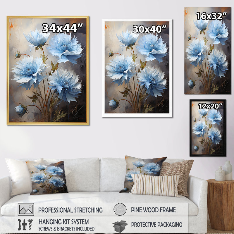 Cornflowers Blue Tones Expression III sur toile, H 32 po x l 16 po x P 1 po, Cadre doré simple