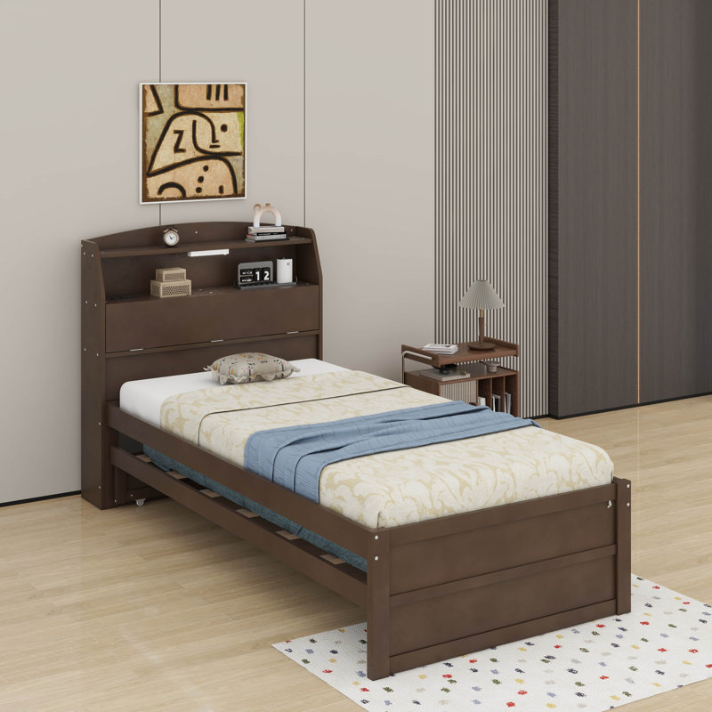 Lit plateforme simple en bois à DEL avec tiroirs, tête de lit et lit gigogne, Brun