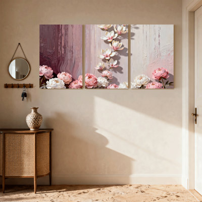 Plantes et fleurs, fleurs roses et blanches sur fond en bois, ensemble de 3 impressions sur toile