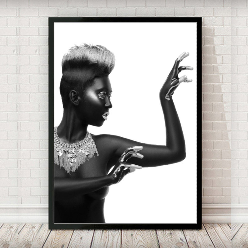 African Model Black And White 002 Portrait Fashion - Print, 89cm H x 64cm W x 5cm D, Black Framed