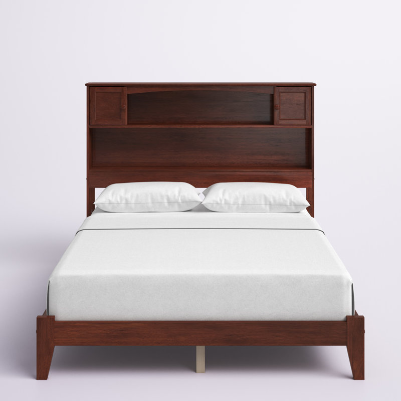 Brevyn Solid Wood Foundation Bed with Bookcase, Walnut