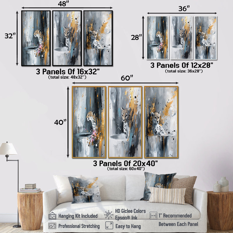 «Gold Cheetahs Quick Call Accents with Grey I», collection d'art mural guépard, H 40 po x l 60 po, Doré