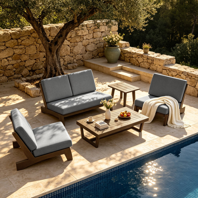 Ensemble de conversation Polett, 5 pièces: 2 tables, causeuses, 2 chaises, Grey, Brun