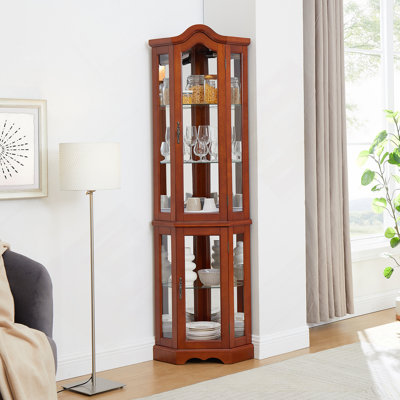 Corner Curio Cabinet With Lights, Tempered Glass Shelves, A Mirrored Back, And A Display Cabinet by Astoria Grand