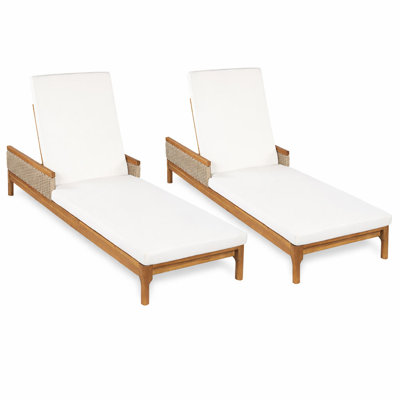 Ensemble de 2 chaises longues d'extérieur 76,8 po en bois d'acacia massif avec coussins et osier gris clair pour la détente au bord du jardin, de la terrasse et de la piscine