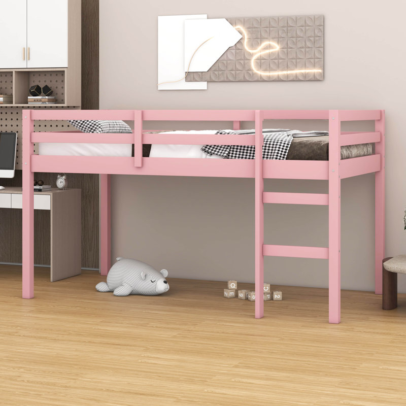 Twin Size Solid Rubber Wood Loft Bed – Ladder & Strengthened Slat Bed Platform, Pink