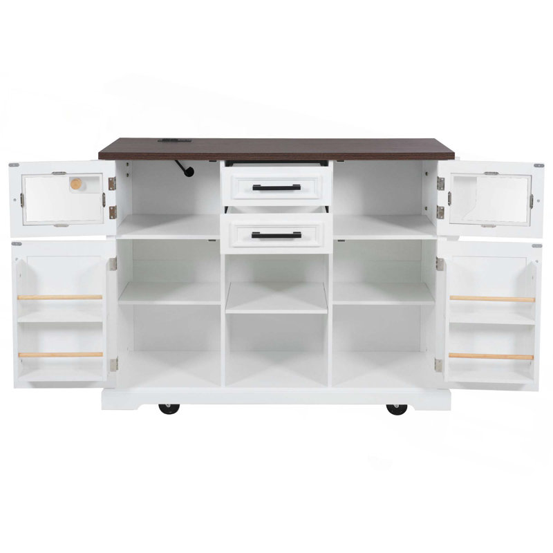 54.9" Kitchen Island With Drop Leaf, Power Outlet, 4 Door Shelves, & 4 Wheels, White