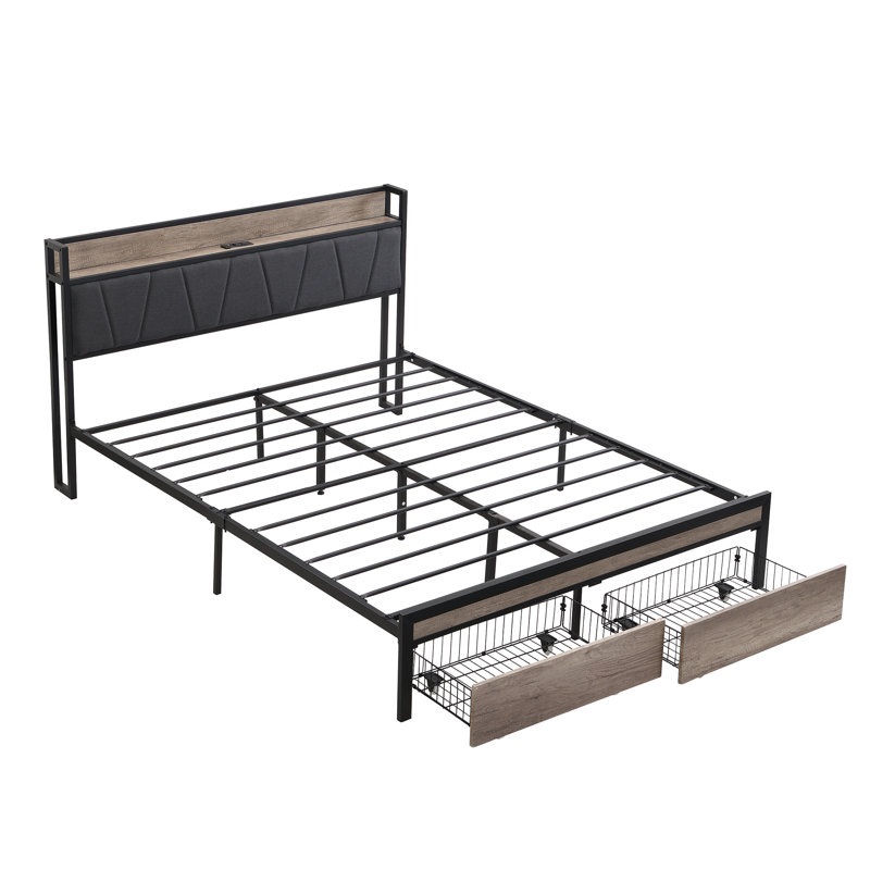 Size Metal Platform Bed Frame With Upholstery Storage Function Headboard And USB LINER And Footboard With Drawers, No Box Spring Needed, Large Under Bed Storage, Easy Assemble