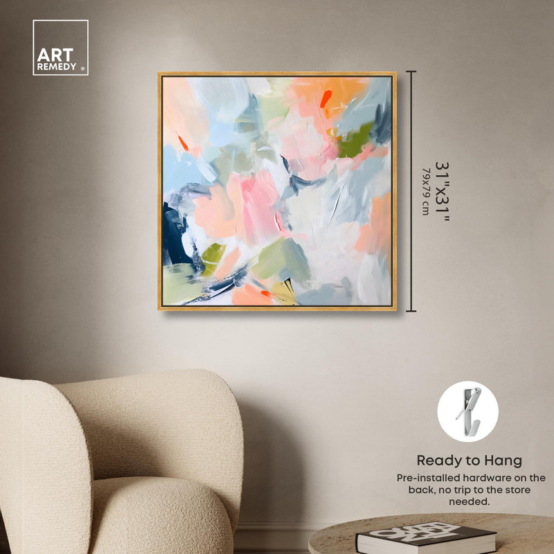 «Enigma in Paint I», art moderne et coloré par Art Remedy, Cadre flottant doré, H 31 po x l 31 po x P 1,8 po