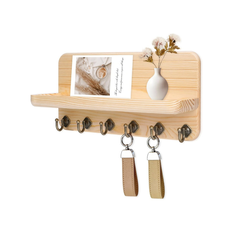 Wood Wall Organizer with Key Hooks, Beige