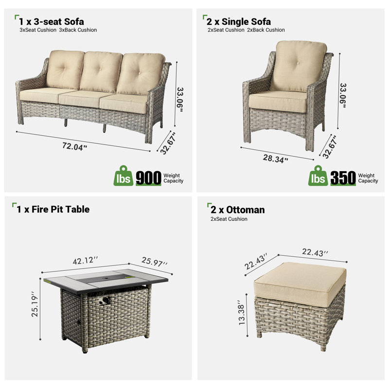 5 - Person Wicker Outdoor Conversation Set, Patio Sofa Set with Fire Pit and Cushions, Beige