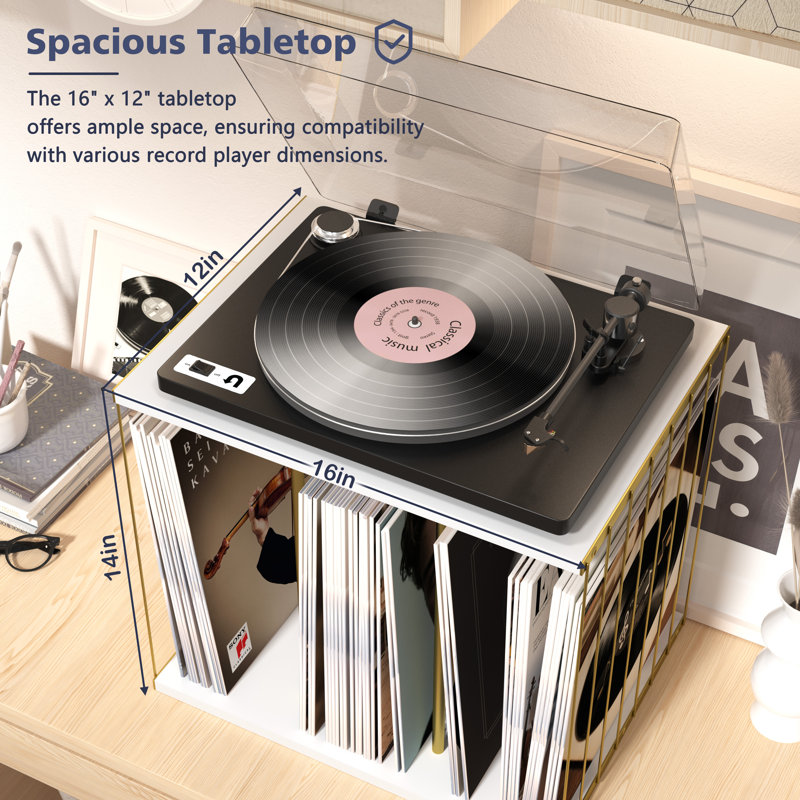 Support pour disque vinyle jusqu'à 80 albums, support pour tourne-disque à 3 compartiments, blanc, Blanc / Doré