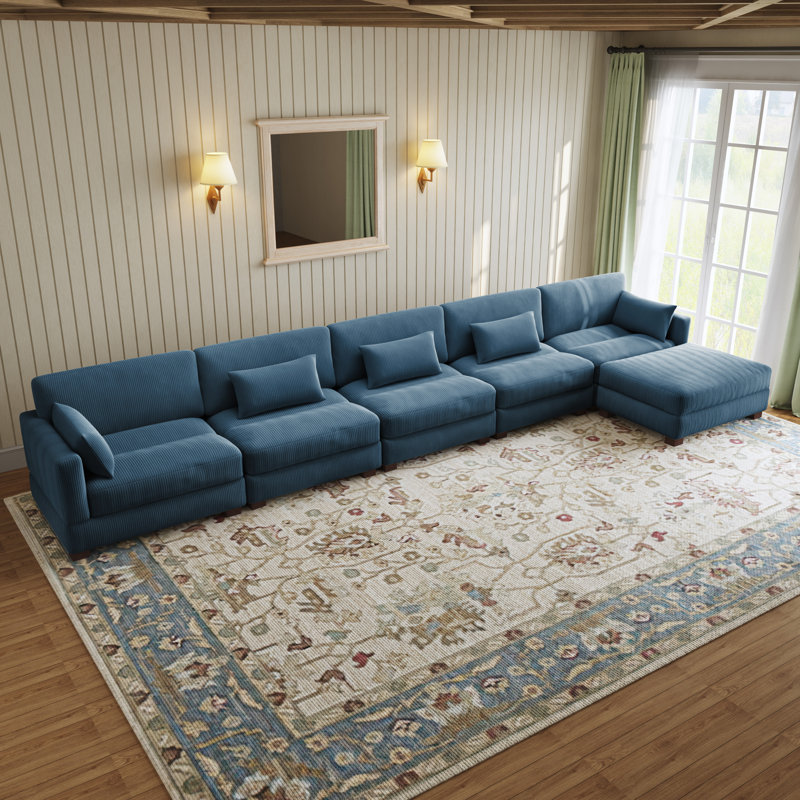 Maelina L-Shaped Corduroy Modular Sectional with Removable Cushion Cover, 30.7"H x 199.2" W x 68.1" D, Navy Corduroy